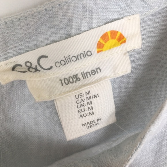 C & C California 100% Linen Blue Boxy Top Button Back Short Sleeve Women’s Sz M - Picture 4 of 11